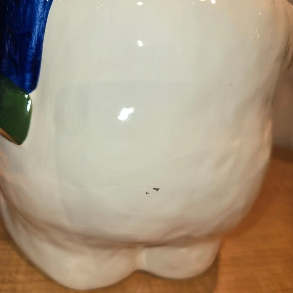 Snowman Cookie Jar Top Hat‎ Blue Scarf Holding Cookies with Original Box